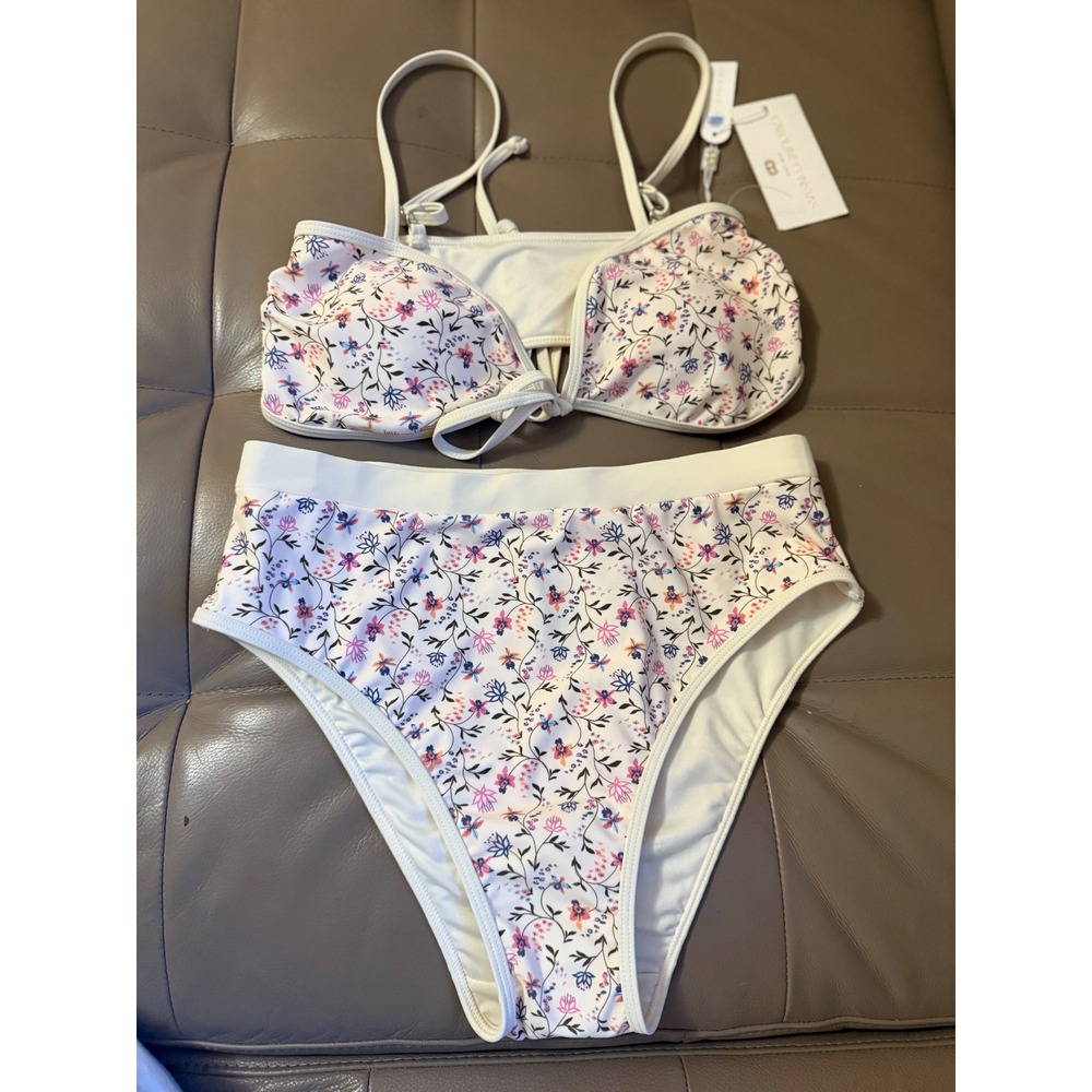 Caroline Constas Floral Bikini Set High Waisted Cream Pink Blue Swimsuit Medium